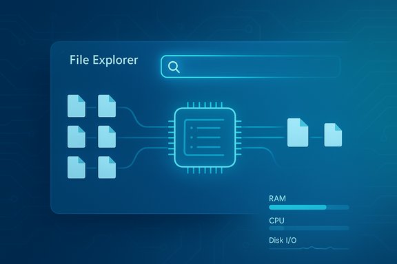 Futuristic File Explorer routing folders through a central processor with live system bars.