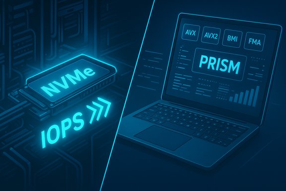 Blue neon view of an NVMe SSD connected to a laptop running PRISM analytics.