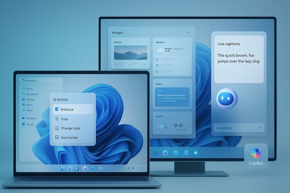 Blue-tinted desk setup with laptops and a monitor showcasing AI widgets and Copilot.