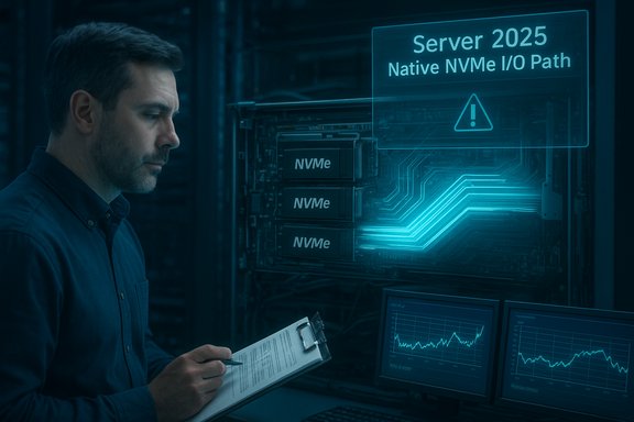Tech professional reviews NVMe server hardware beside a holographic status display.