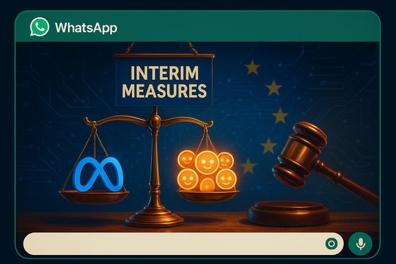 WhatsApp screen showing 'Interim Measures' on a balance scale—left: infinity, right: smiling faces, with a gavel nearby. WhatsApp screen showing 'Interim Measures' on a balance scale—left: infinity, right: smiling faces, with a gavel nearby.