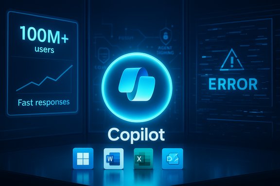 A glowing blue Copilot holographic interface showing 100M+ users, fast responses, and an error panel.