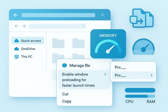 A blue, modern UI collage featuring a file explorer, quick access, memory gauge, and context menus.