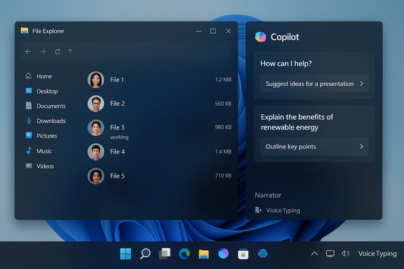 Dark Windows 11 desktop showing File Explorer on the left and a Copilot assistant panel on the right.