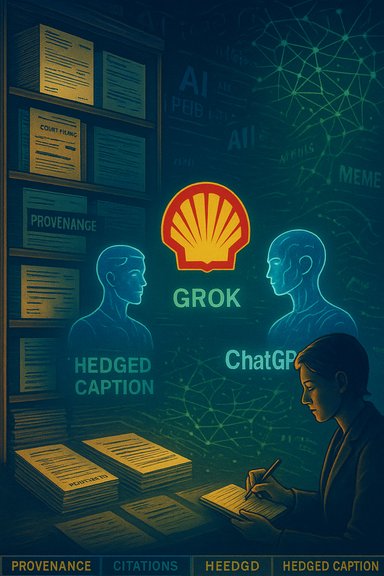 Shell GROK logo with AI concepts, two blue silhouettes, and a person writing at a desk.