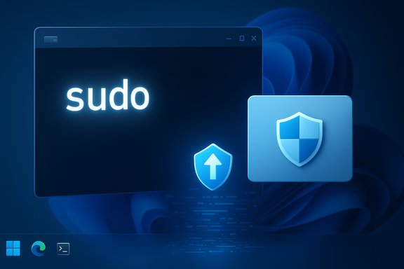 Blue Windows desktop featuring a glowing 'sudo' prompt and shield icons for admin elevation.