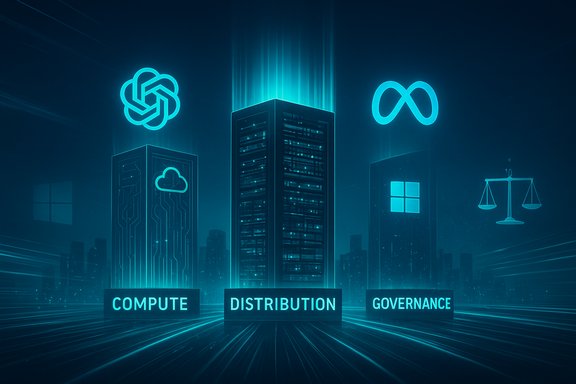 Futuristic data center with three pillars labeled Compute, Distribution, Governance. Futuristic data center with three pillars labeled Compute, Distribution, Governance.