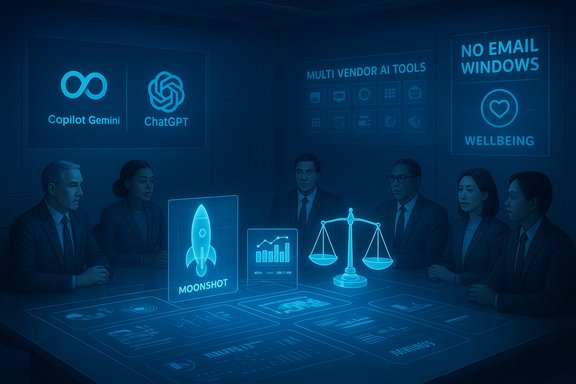 A futuristic boardroom with holographic AI charts and moonshot rocket visuals around a round table.
