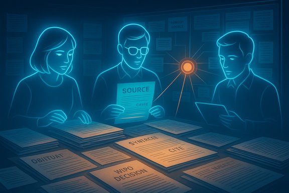 Three researchers examine documents and sources around a glowing central information hub.