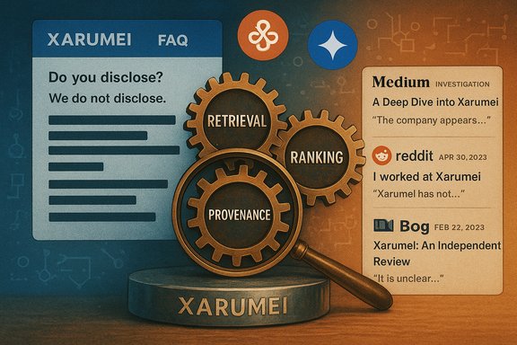 Interlocking gears labeled Retrieval, Provenance, and Ranking sit beside Xarumei docs and a Medium investigation card.