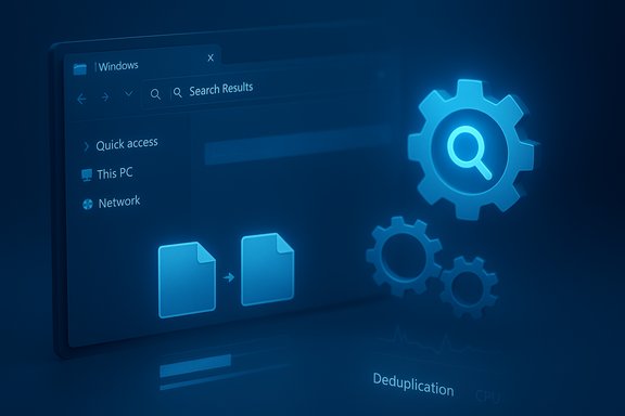 A Windows-style interface with glowing blue gears and file icons illustrating deduplication.