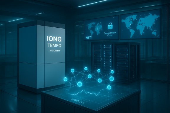 IonQ Tempo 100-qubit quantum computer in a futuristic data center.
