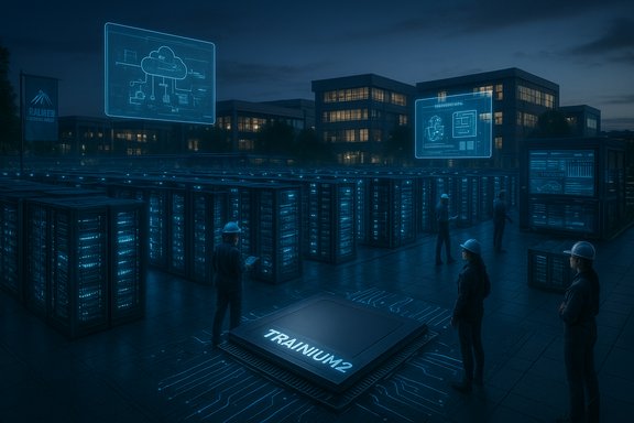 A futuristic data center with rows of glowing blue server racks and holographic schematics hovering above.