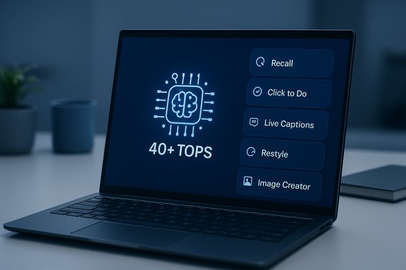Laptop screen showcases AI features (40+ TOPS) with Recall, Click to Do, Live Captions, and more.