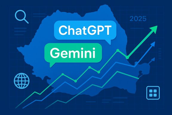 ChatGPT and Gemini chat bubbles hovering over a rising trend graph on a blue map.
