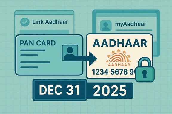 An illustration showing PAN and Aadhaar cards with a “Link Aadhaar” prompt and a padlock.