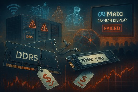 Cracked DDR5 and NVMe SSDs lie in a dystopian data room as a Meta Ray‑Ban display reads FAILED.