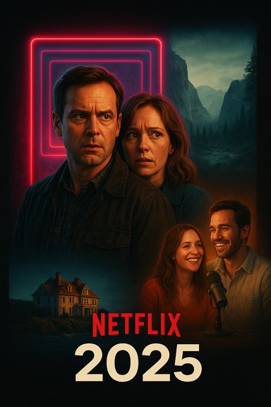 Netflix 2025 poster showing a wary couple under neon squares, with a lakeside house and a cheerful podcast duo.