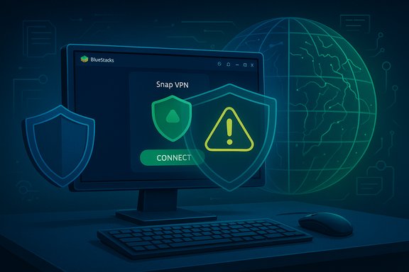 Desktop monitor displaying Snap VPN with shield icons and a connect button.