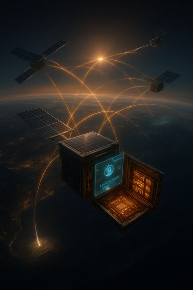 Futuristic space-station modules orbit Earth, connected by glowing energy arcs and solar panels.