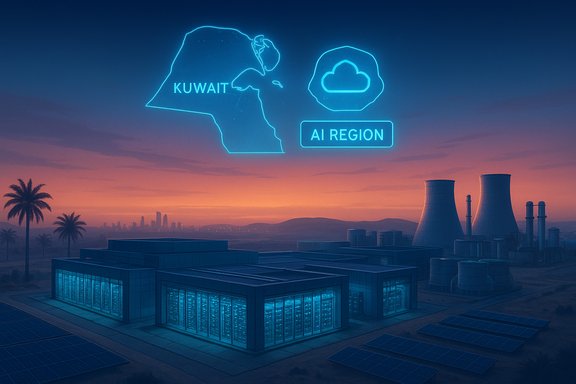 Desert industrial campus under blue neon signage of Kuwait map and AI REGION cloud icon.