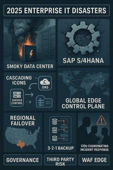 A dark infographic titled '2025 Enterprise IT Disasters' outlining various IT risk scenarios.