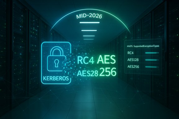 Neon-lit data center with a Kerberos lock and glowing encryption terms like RC4 and AES-256.