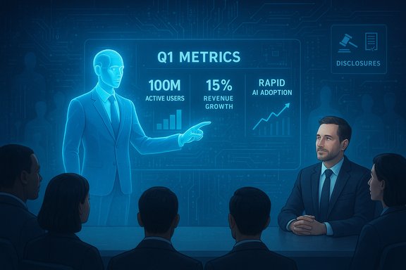 Holographic AI presenter outlines Q1 metrics: 100M active users, 15% revenue growth.