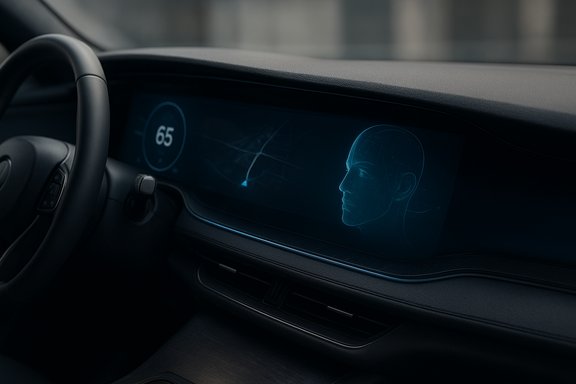 Futuristic car cockpit with a holographic head profile and circular speed display.