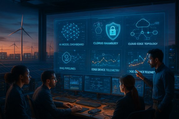 A diverse team reviews AI, cloud, and edge telemetry dashboards on a glowing holographic display.