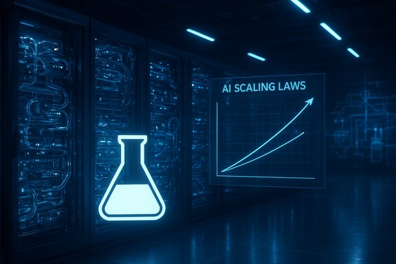 Blue neon data center with server racks, glowing flask icon, and an AI scaling laws graph.