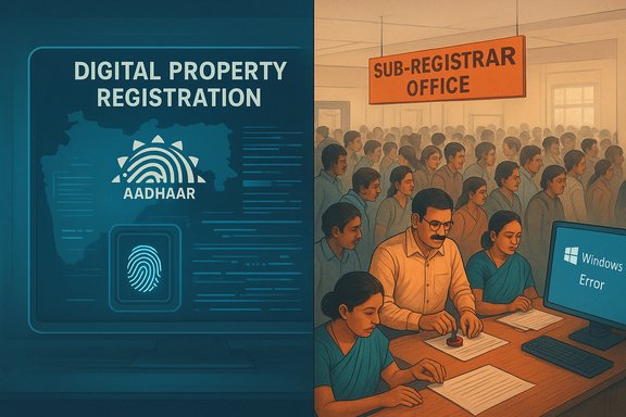 A split scene shows Aadhaar digital property registration on the left and a crowded sub-registrar office with a Windows error on the right. A split scene shows Aadhaar digital property registration on the left and a crowded sub-registrar office with a Windows error on the right.