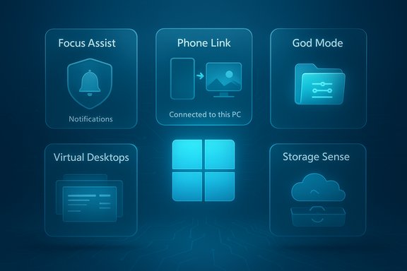 Blue holographic Windows feature tiles: Focus Assist, Phone Link, God Mode, Virtual Desktops, Storage Sense.