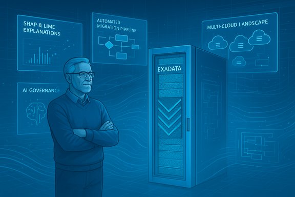 A man stands beside an Exadata server, surrounded by AI governance and cloud data diagrams.