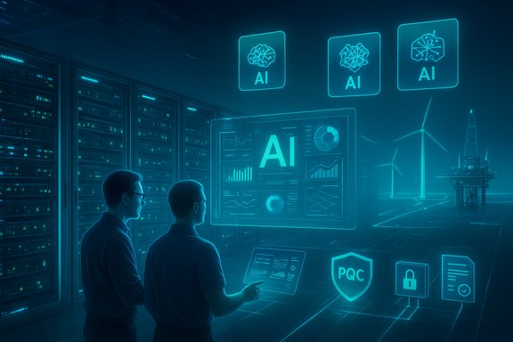 Two engineers study a holographic AI dashboard in a futuristic data center.