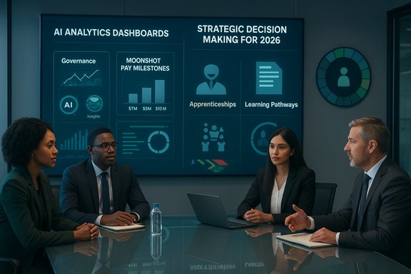 Four professionals discuss AI analytics dashboards and 2026 strategic decisions in a boardroom.