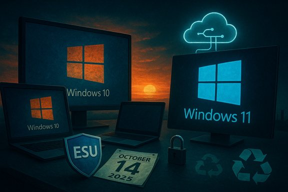 Windows 10 and Windows 11 screens glow at sunset, with a cloud icon and security symbols nearby.