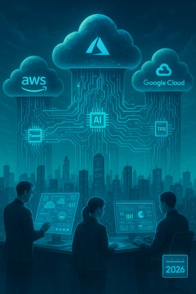 AI-driven cloud infrastructure links AWS and Google Cloud over a futuristic city.