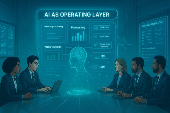 A diverse team analyzes a glowing AI operating layer dashboard in a futuristic boardroom.