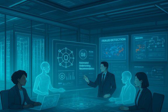 Team of analysts discuss fraud detection dashboards in a futuristic control room.