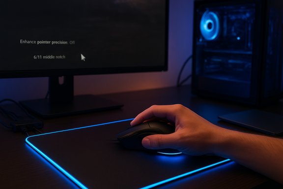 A hand uses a gaming mouse on a glowing blue RGB mousepad beside a blue-lit PC.