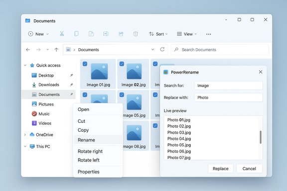 Windows File Explorer with a PowerRename dialog for batch renaming image files.