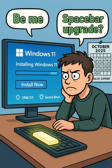A frustrated user watches Windows 11 install, joking “Be me” and “Spacebar upgrade?”