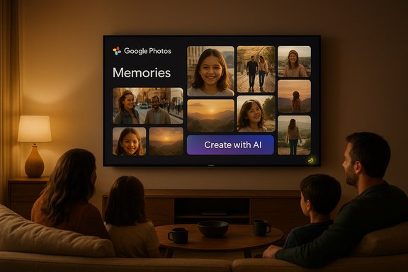 A family sits on a sofa watching Google Photos Memories on a large living-room screen.