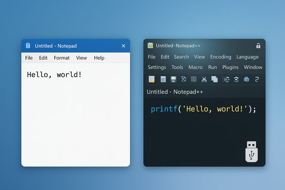 Comparison of Notepad and Notepad++: 'Hello, world!' in Notepad and printf('Hello, world!'); in Notepad++.
