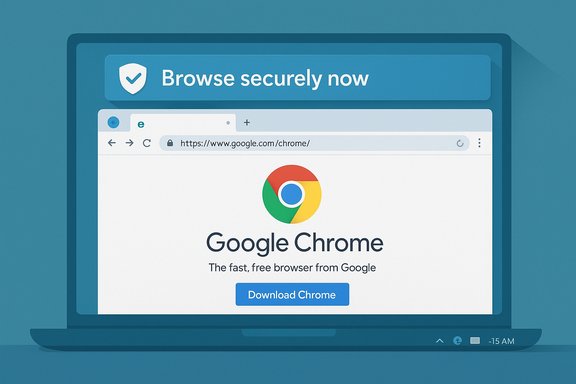 Laptop screen shows Google Chrome download page with a “Browse securely now” banner.