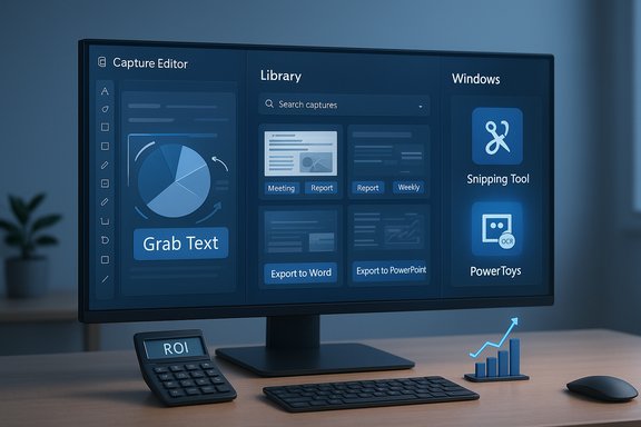 A desktop monitor shows a Capture Editor UI with a Library panel and Windows tools.