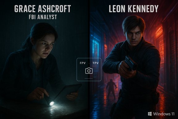 Split poster: Grace Ashcroft, FBI analyst, in darkness; Leon Kennedy armed in a neon-lit alley.