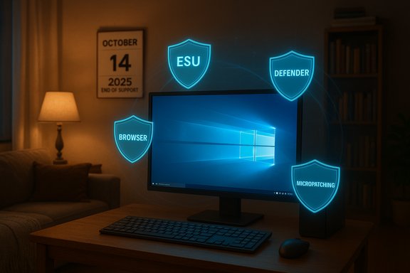 Dim home office with a Windows PC surrounded by glowing blue security shields labeled ESU, Defender, Browser, and Micropatching.