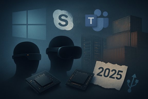 VR headsets, chips, and Windows/Skype/Teams logos in a futuristic 2025 tech scene.